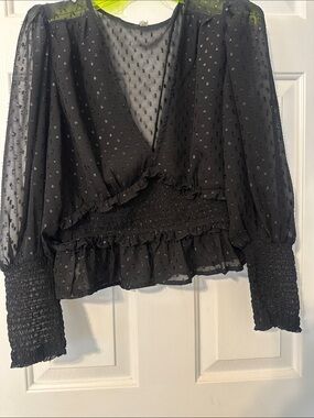Black Sheer Swiss Dot Smocked-Waist Blouse